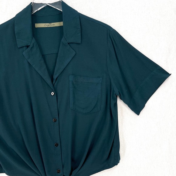 ENZA COSTA Shirt Womens Medium Teal Short Sleeve Tie Front Button Up Cropped NEW - Picture 3 of 15